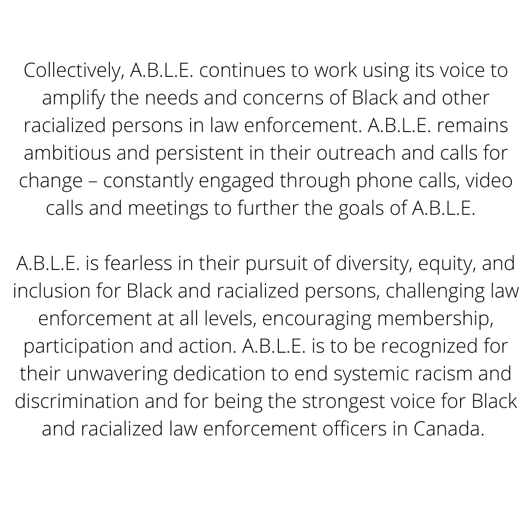 OWLECanada's tweet photo. #WomenRunWednesday
Jacqueline Edwards of Correctional Service Canada and the Association of Black Law Enforcers @ABLE_org are the 2021 OWLE #Teamwork Award Recipients.
A.B.L.E. is to be recognized for their unwavering dedication to end systemic racism and discrimination. https://t.co/1CGkDwpZxf
