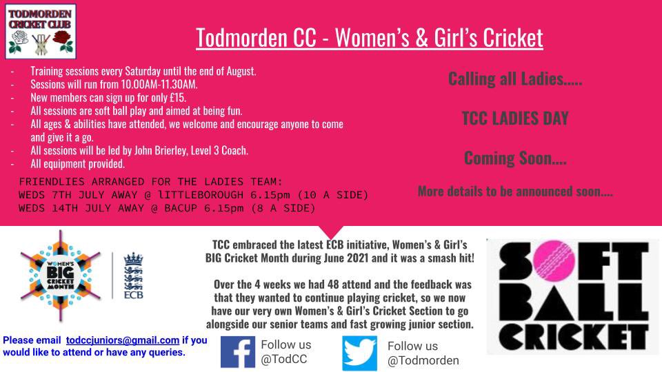 🏏 LADIES CRICKET UPDATE 🏏

We’ve had some real success with our ladies &amp; girls cricket sessions in June. We are continuing them until the end of August &amp; we have formed a TCC Women’s &amp; Girl’s Section. 

Everyone is welcome, we have two fixtures arranged with more to come. 👏 👏