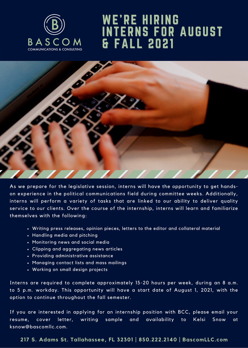 BascomGroup's tweet image. Want to intern for a Florida-based #communications &amp;amp; #publicaffairs firm? See flyer for details on how to apply. #Sayfie #FlaPol #Florida