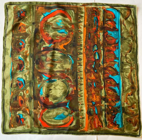 Vintage Green &amp; Orange Abstract Geometric 1950s Retro Print Head Scarf by VintageScarfBoutique dlvr.it/S2mplz