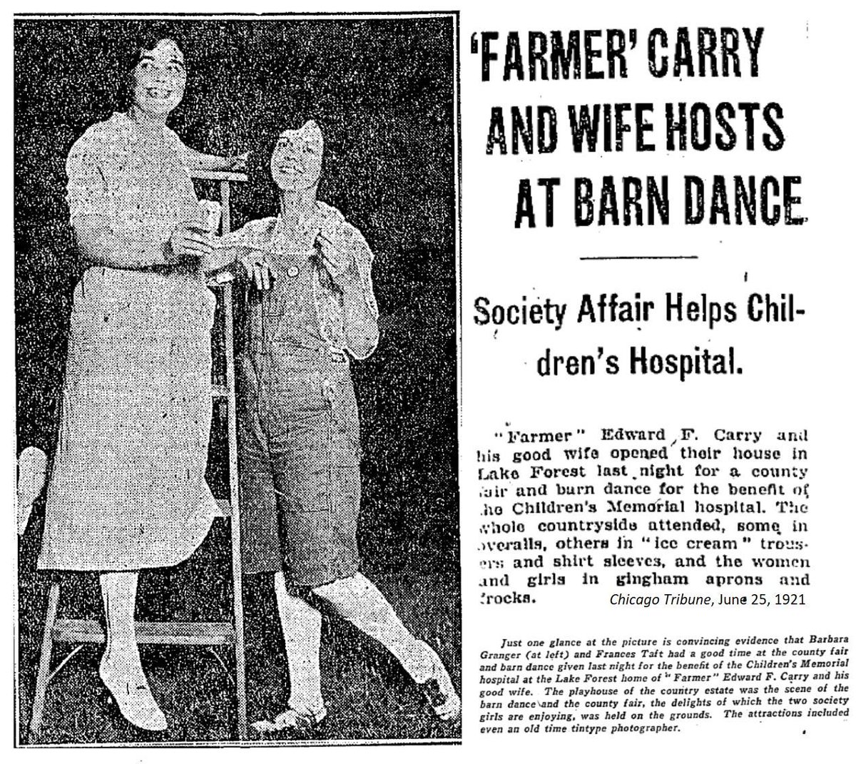 Edward F. and Mabel Underwood Carry hosted a benefit barn dance and country fair at their Green Bay Road estate to raise funds for Children’s Memorial Hospital (now Lurie). #100YearsAgo