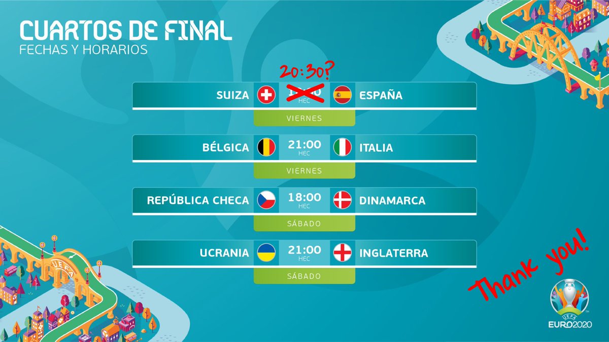 Hi <a href="/UEFA/">UEFA</a>⚽. We are a business school in Valencia Spain and we have several master degrees on Friday afternoon. Many students want to see the match between Switzerland and Spain. Is it possible to re-schedule the game a couple of hours later, so they won't miss the game? 🙏