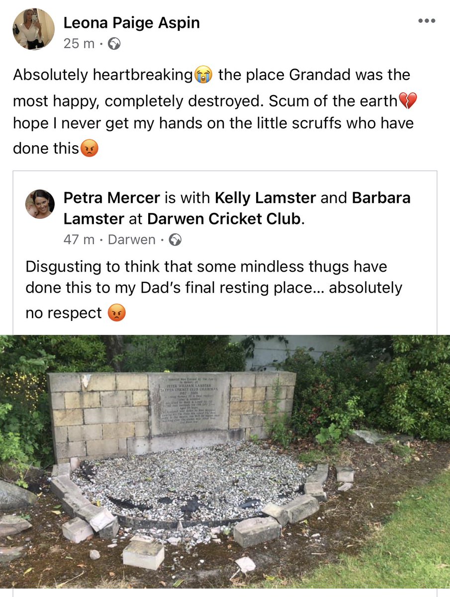 ‼️HELP NEEDED, PLEASE SHARE‼️ My Grandad’s grave has been vandalised! He is buried within the grounds of Darwen Cricket Club. These scumbags have broken through the gate, and damaged his grave, for no reason other than to be shit bags. Please share, any information appreciated!💔