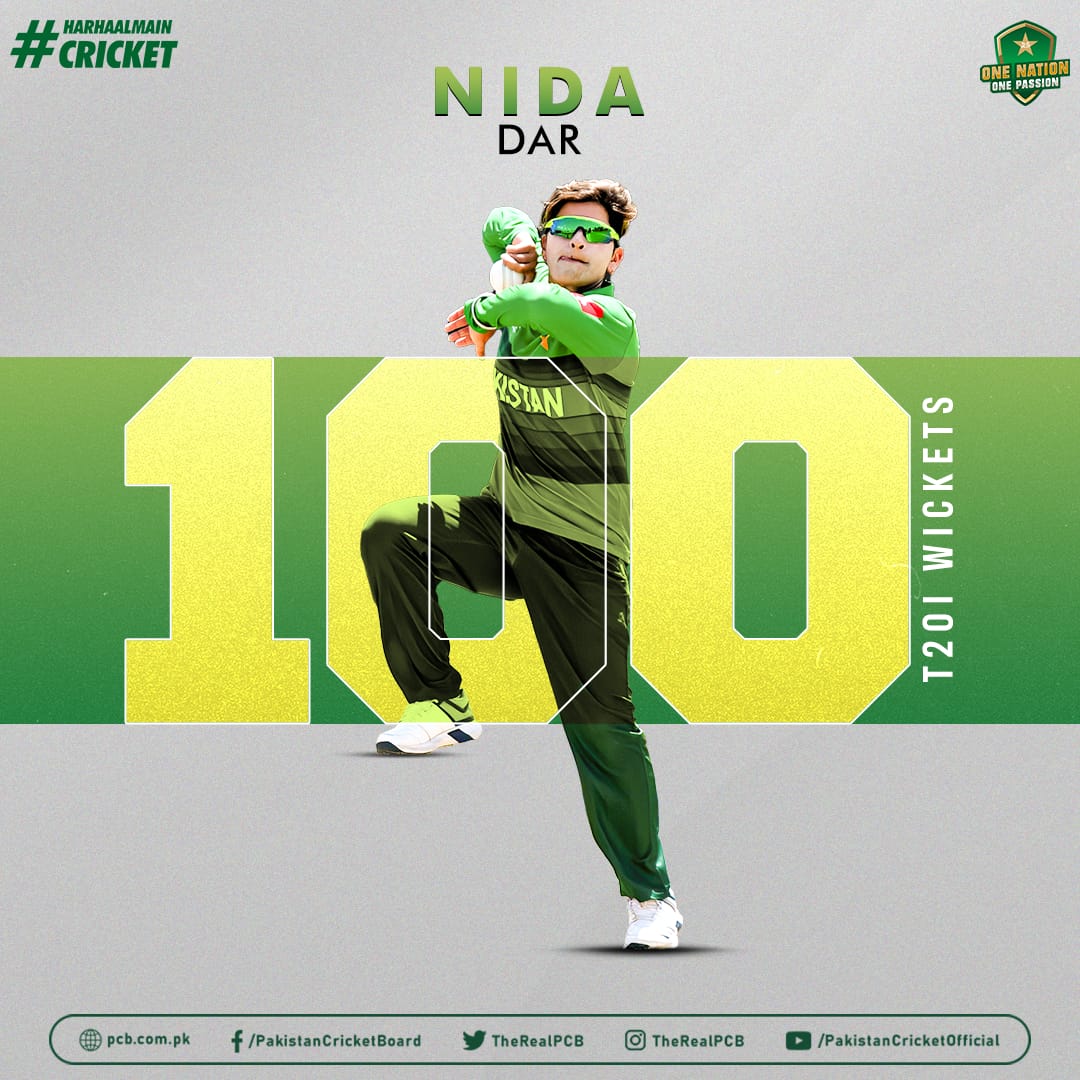 TheRealPCB's tweet image. Congratulations 🙌
@CoolNidadar becomes the first Pakistan bowler to pick up 100 T20I wickets!

#WIWvPAKW | #BackOurGirls | #HarHaalMainCricket