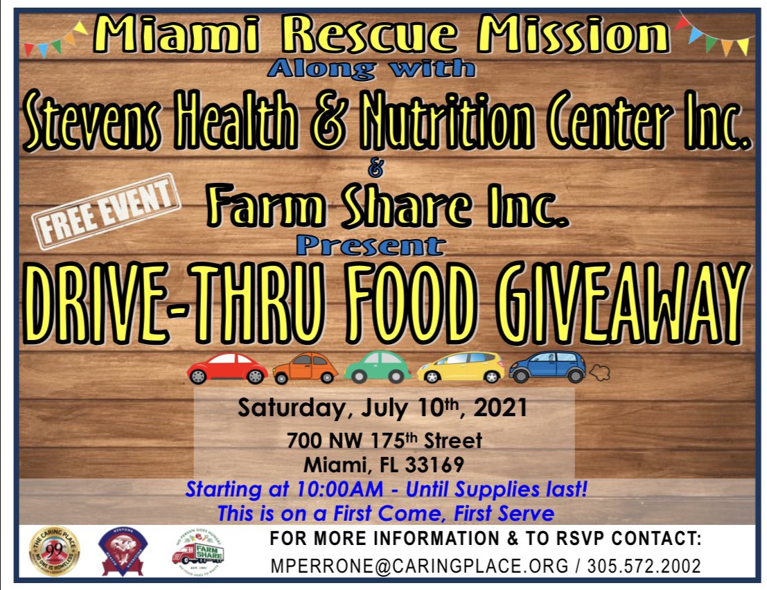The Caring Place (@no1ishomeless) on Twitter photo Next Saturday while supplies last join us and our partners <a href="/FarmShareFL/">Farm Share, Inc.</a> as we host a Drive-Thru Food Giveaway. This is at our church property 700 NW 175th Street Miami Gardens, 33169! Gates open at 10am and this #giveaway will be while supplies last! #foodgiveaway #drivethruwsv Next Saturday while supplies last join us and our partners <a href="/FarmShareFL/">Farm Share, Inc.</a> as we host a Drive-Thru Food Giveaway. This is at our church property 700 NW 175th Street Miami Gardens, 33169! Gates open at 10am and this #giveaway will be while supplies last! #foodgiveaway #drivethruwsv