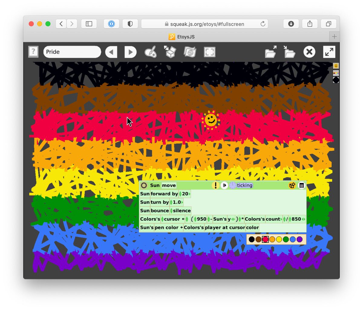 codefrau's tweet image. My week is incredibly busy. But I just did one while waiting for the train … looks much better in action (the Sun is bouncing around and leaving random pen trails).
This is in @SqueakJS, running Etoys (the precursor to the popular Scratch tile scripting system)
