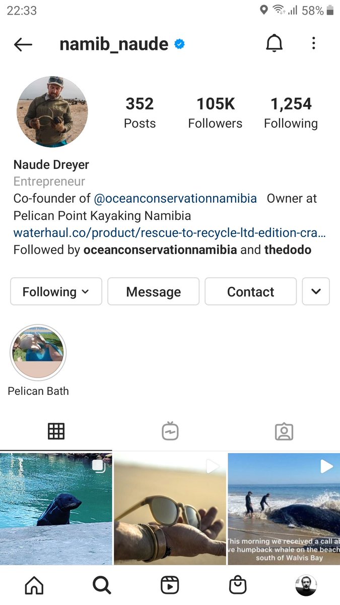 @TheFigen You guys should follow this guy and also 
oceanconservationnamibia on Instagram. This man, Naude Dreyer, and his team capture and release seals that have become entangled in garbage, usually used fishing line. He's saved so many seals and the videos are great.