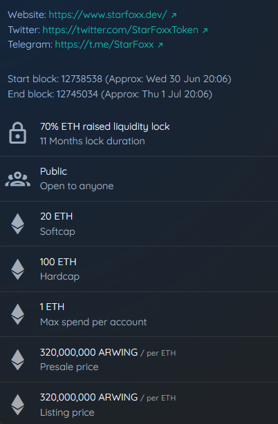 $ARWING #ILO will be going #Live in 4 hours!

Softcap = 20 ETH / Hardcap = 100 ETH

Max amount of 1 ETH per contributor

Whitepaper is scheduled to be released by Friday to break down the role, utilities, &amp; functions of $FOXX &amp; $ARWING

Unicrypt ILO Link:
app.unicrypt.network/amm/uni-v2/ilo…
