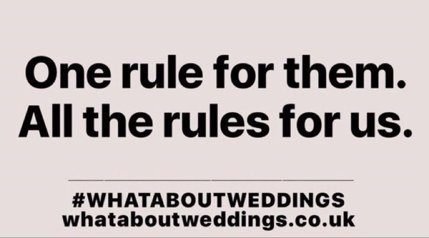 This Sunday would have been our third wedding date, but we've had to postpone again due to the ridiculous and unfair rules that don't apply to @BorisJohnson and sports fans - how is standing with a drink or dancing at a wedding worse than in a pub/stadium!? #whataboutweddings 😤