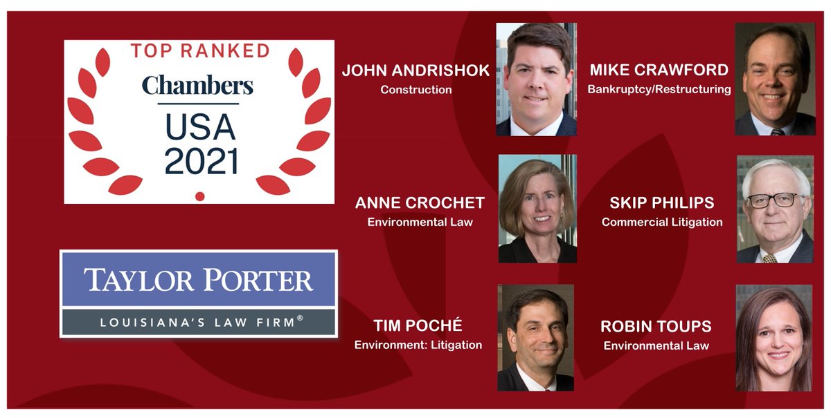 “Leaders in Their Field” – Congratulations to <a href="/TaylorPorter_BR/">Taylor Porter</a> attorneys selected by clients and peers as in the 2021 <a href="/ChambersGuides/">Chambers and Partners</a> - Honorees include Mike Crawford, Skip Philips, John Andrishok, Tim Poché, Anne Crochet and Robin Toups. Read more at: taylorporter.com/site/news/six-…