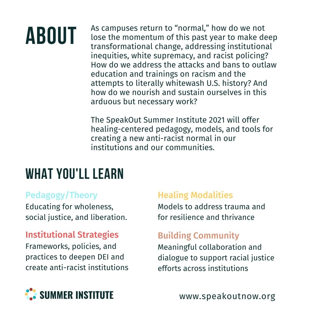SpeakOut Speakers (@speakoutidec) on Twitter photo Let’s create a new anti-racist “normal” together! Join SpeakOut speakers as we explore healing-centered pedagogy, models, and tools for creating real change on campuses. Register at speakoutnow.org or contact programs@speakoutnow.org for group registration. Let’s create a new anti-racist “normal” together! Join SpeakOut speakers as we explore healing-centered pedagogy, models, and tools for creating real change on campuses. Register at speakoutnow.org or contact programs@speakoutnow.org for group registration.