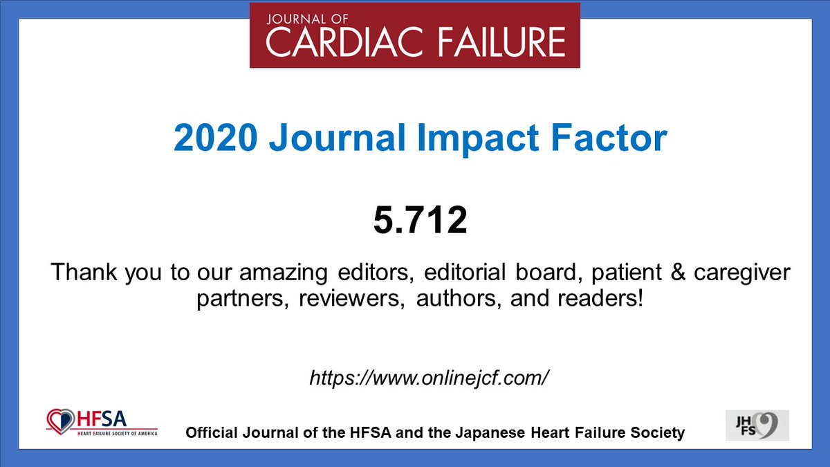 JCF impact factor continues to ⬆️! Up to 5.712! Thank you to our editors, editorial board, patient/caregiver partners, reviewers, authors, readers & publisher! The Future is Bright for JCF! #FunctionNotFailure #HeartSuccess @robmentz @dranulala @yaleHFdoc @HFSA @ElsevierConnect