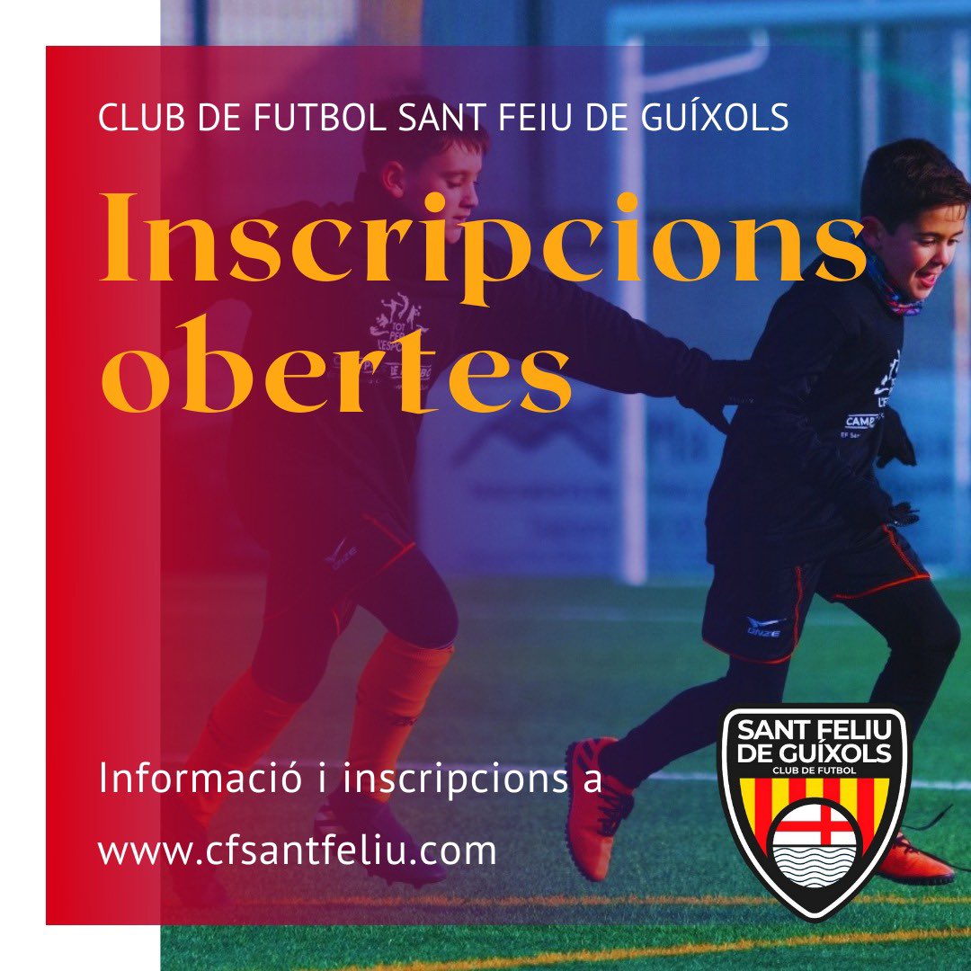 ‼️ OBRIM INSCRIPCIONS PER LA TEMPORADA 2021-22!!

💻 A la nostra web trobaras tota la informació i el formulari d’inscripció

📆 A partir del 28 de juny!

Forma part del nou club de la ciutat!

#Launióensfamésforts #futbolbase #santfeliudeguíxols
