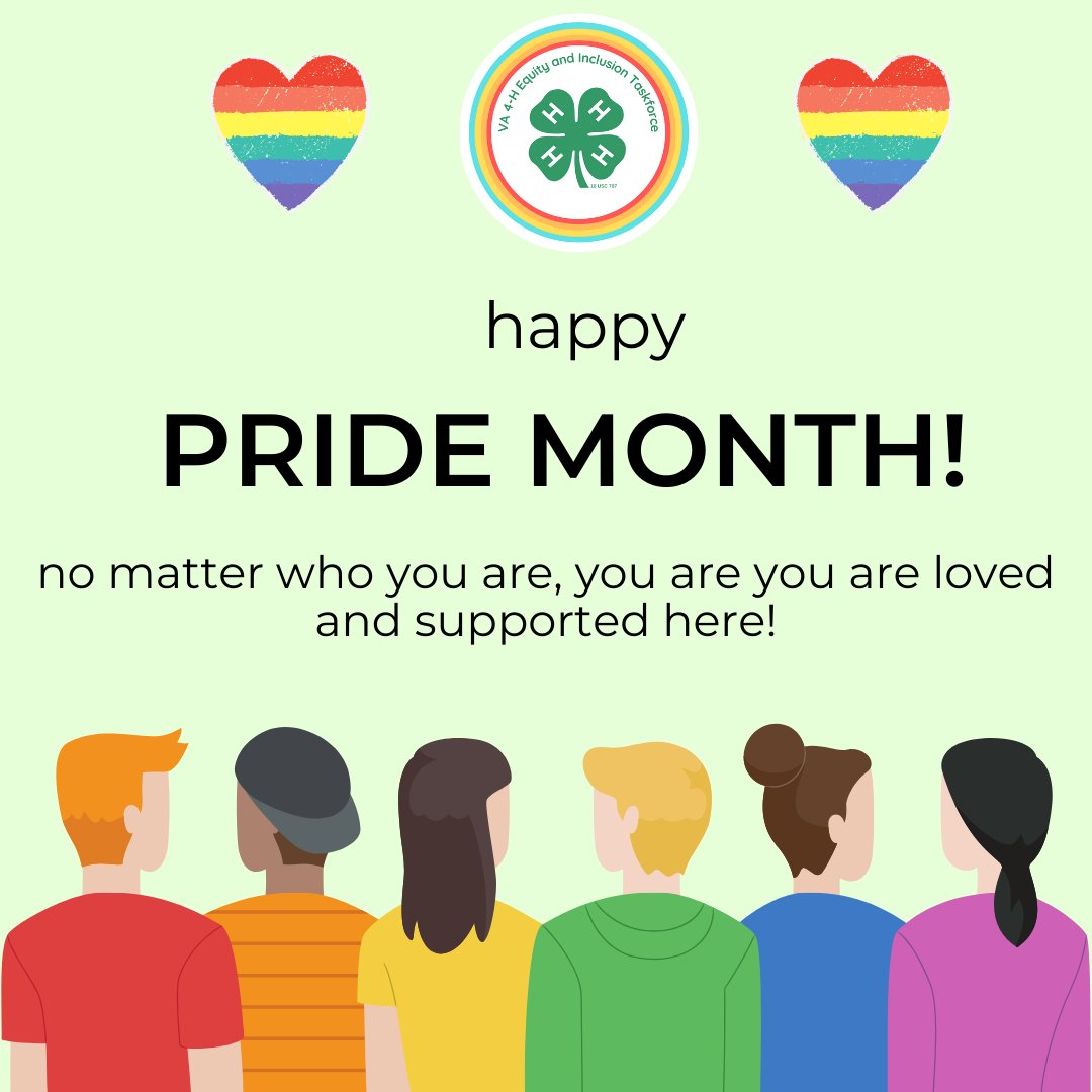 va4hequity's tweet photo. As we close out on yet another amazing month of Pride celebration, Our members on the Taskforce want you to know we’re celebrating those of you in the LGBTQ+ community all year round. We are dedicated in Virginia 4-H to make sure you are shown that love and acceptance! 💚🌈🍀 https://t.co/rTonhZt1sR