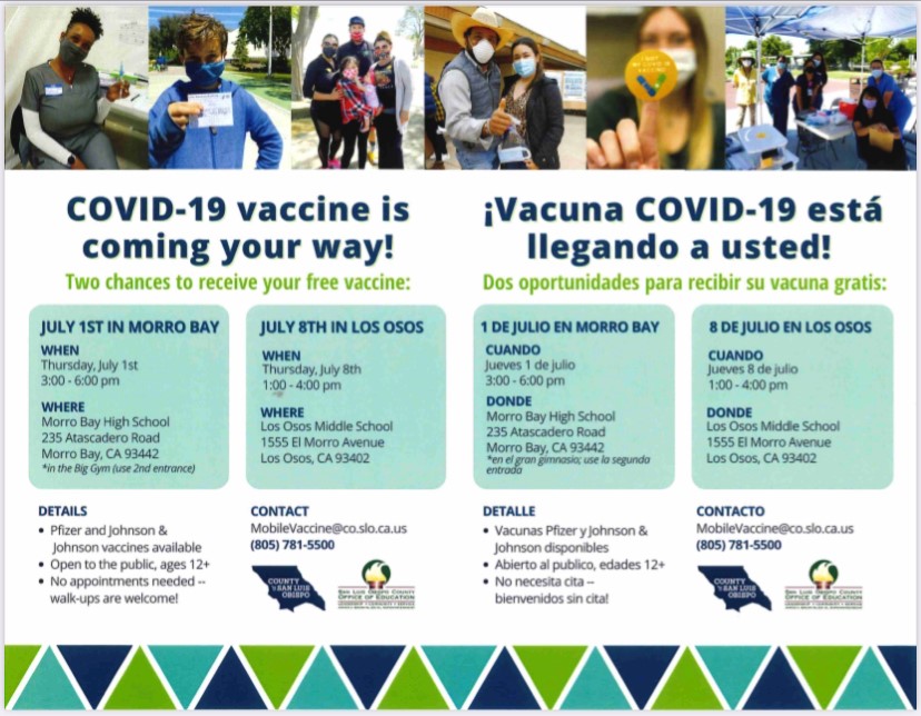 Vaccines are available in Morro Bay on July 1st and Los Osos on July 8th.  No appointment needed.  

Become a "Mask-less Hero" in 14 days and help protect your family, friends, and neighbors.
