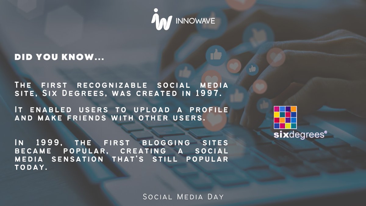 InnowaveT's tweet image. Did you know the first recognisable social media site, Six Degrees, was created in 1997. 
It enabled users to upload a profile and make friends with other users. 

#innowave #socialmedia