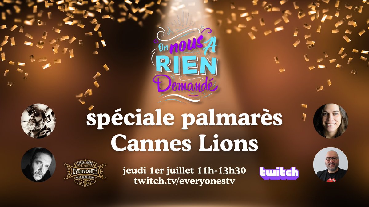 #ONARD émission spéciale ce jeudi pour le season finale 🎉 Commentez avec nous le palmarès #CannesLions2021 <a href="/Cannes_Lions/">LIONS | The Home of Creativity</a> des meilleurs films publicitaires de l'année 🤩
RDV dès 11h pour + de 2h de pub et d'analyse sans détour - vous avez même le droit de manger devant l'écran😉