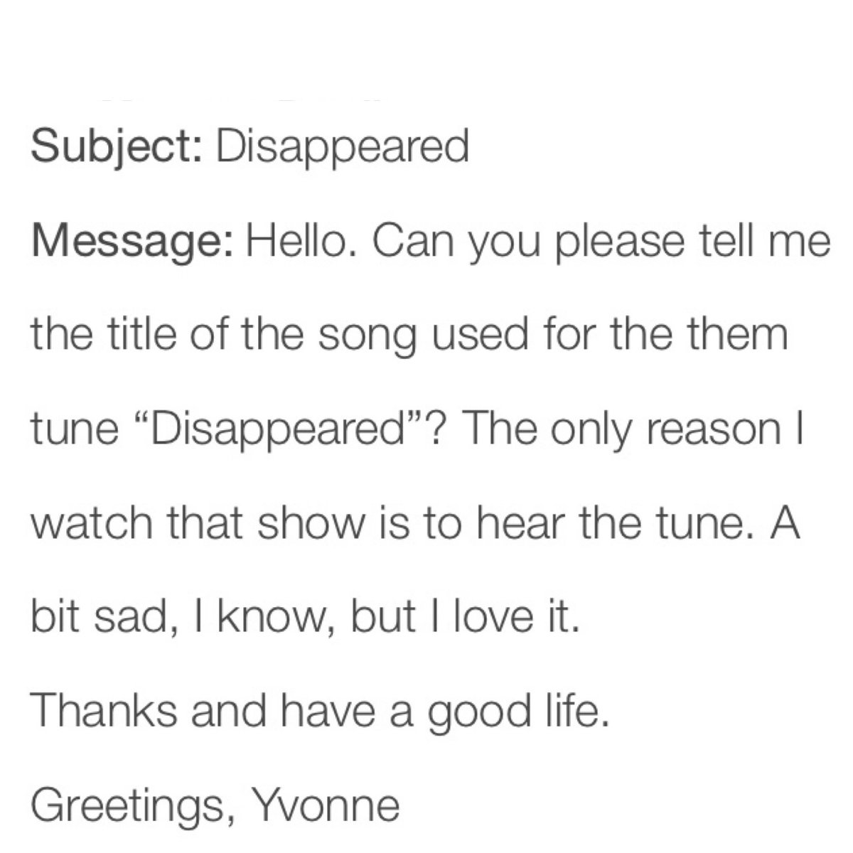 cyborgasylum's tweet image. Periodically David gets messages from people who really like the music he composed for various TV shows. 
He wrote the original theme for the series, “Disappeared”, and has gotten a few messages from people like the one below
#disappeared #davidvarga #composer #tvmusic #fanmail