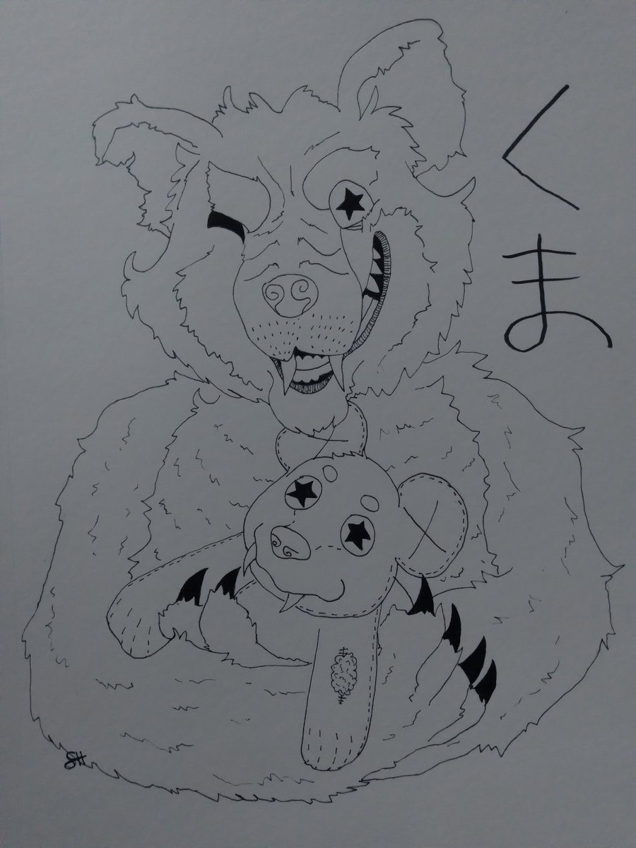 PaperWolf5's tweet photo. Currently a bit manic and needing some feedback on the drawing I put hours in to make. Do you see a bear holding a teddy? Or some other animal? 
#art #bipolarclub #traditionalart #bear #teddy #manic #drawingwhileblack #drawings #animestyle #hiragana https://t.co/2tPidSnQ9S
