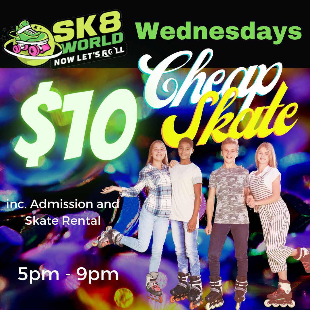 Sk8WorldPortage's tweet photo. Wednesdays are great when you roller skate 🛼🛼 and Sk8 World is open from 5pm - 9pm. Get your roll on and see you soon! #wednesday #rollerskate #portage #sk8worldnwi #cheapskate https://t.co/jCwUy9lEhV