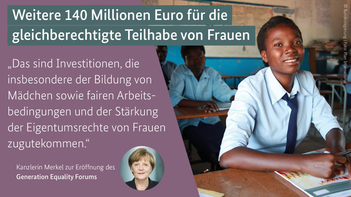 Grafik zeigt eine Schülerin in Afrika. Grafiktext: Weitere 140 Millionen Euro für die gleichberechtigte Teilhabe von Frauen. Zitat Bundekanzlerin Merkel: "Das sind Investitionen, die insbesondere der Bildung von Mädchen sowie fairen Arbeitsbediungen und der Stärkung der Eigentumsrechte von Frauen zugutekommen."