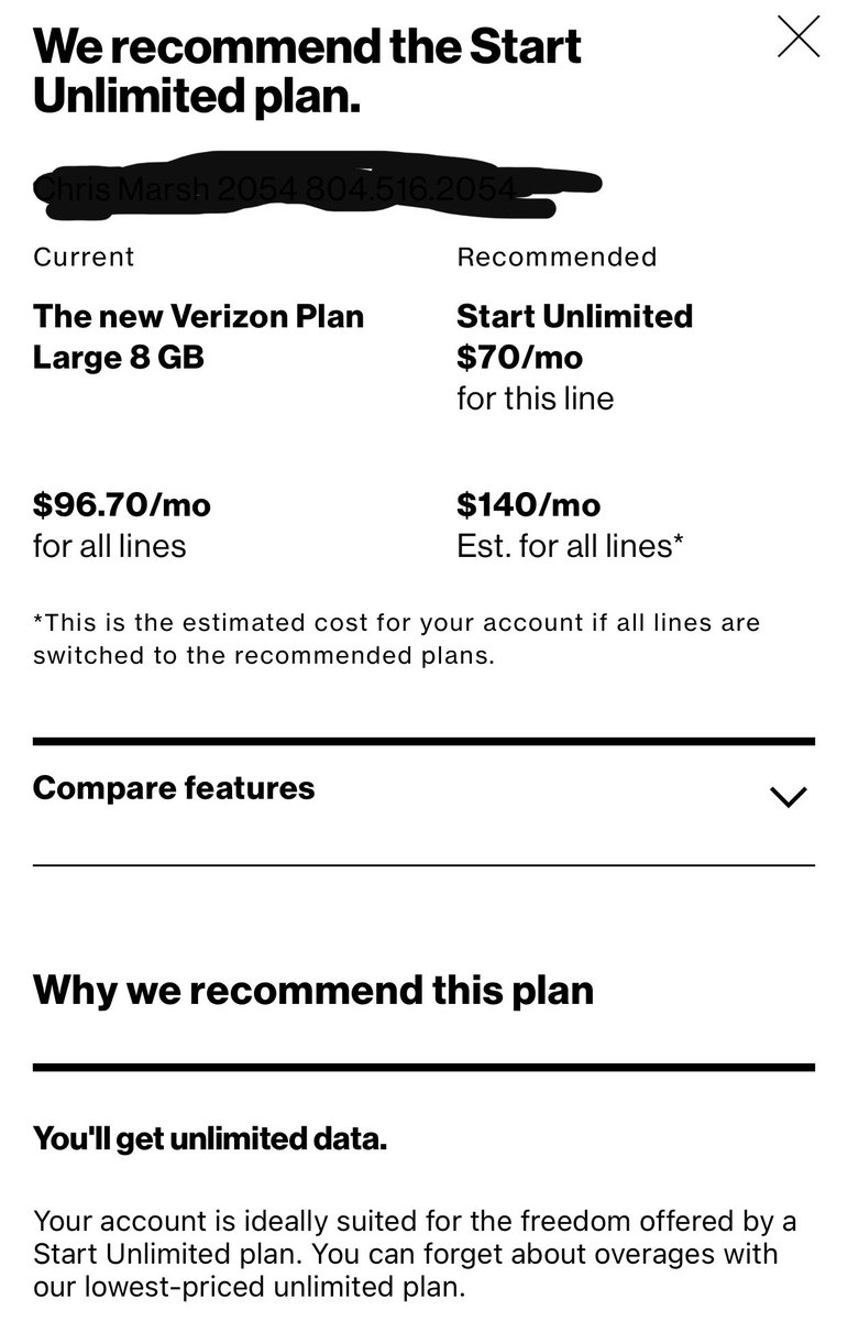 UMJuggernaut's tweet photo. Clearly @Verizon recommendations aren’t in the best interest of their customers. Recommendation of paying $43/month more to “forget about overages” that I don’t have. #dumb or #greedy regardless a clear #businessfail https://t.co/RpzCfbXuOr