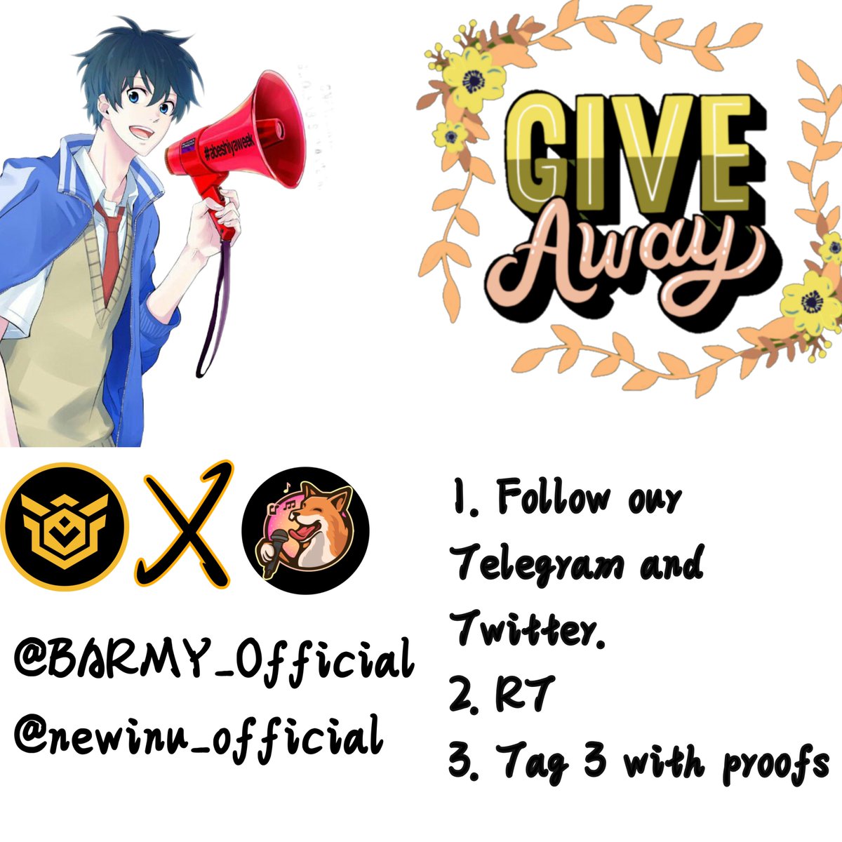 同志們！
@BARMY_Official 和<a href="/newinu_official/">CEO</a> 的 48 小時超級空投活動。

 1. 關注項目的 Telegram 和 Twitter。
 2. 轉發官方推文。
 3. 標誌3位好友並截圖證明。

#BARMY 電報：t.me/bscarmyofficial
#NEWINU 電報：t.me/NewGuineaSingi…
總獎金到達 $1800 $BUSD 9 名獲獎者！