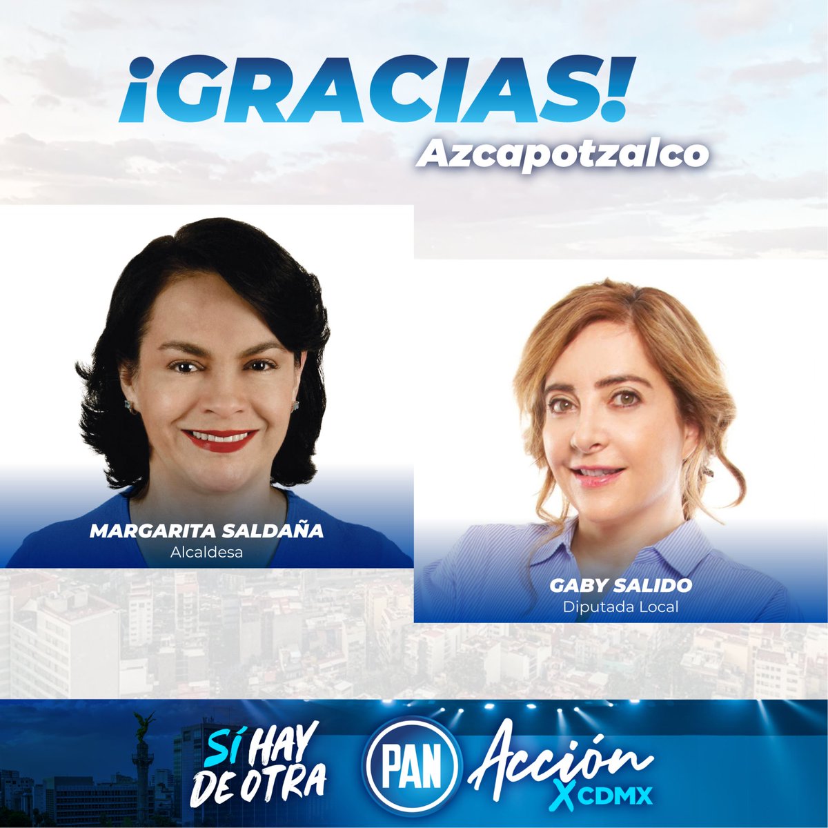 PAN_CDMX's tweet photo. Azcapotzalco será una de las mejores alcaldías con @MargaretSaldana como alcaldesa y @gabysalido como Diputada del @GPPANCDMX. Con su experiencia y amor por la Ciudad de México van a demostrar que #SíHayDeOtra. ¡Gracias! 🙌 https://t.co/uIm5Gw4LOC