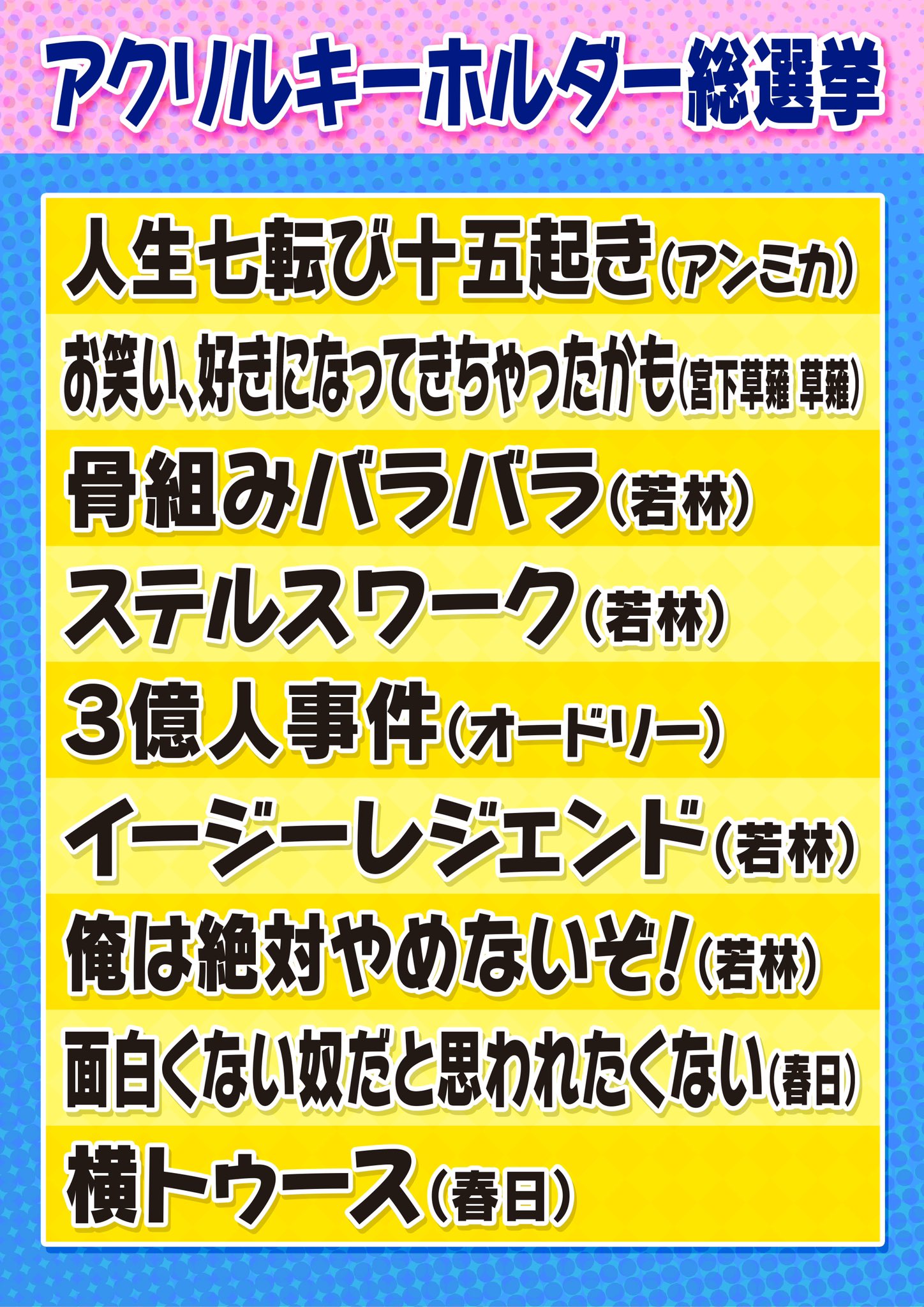 تويتر あちこちオードリー 水曜よる１１ ０６テレビ東京系列 على تويتر 放送でも発表ありましたが アクリルキーホルダー総選挙 を実施します 投票期限は7 6 火 23時59分まで また8 16 月 開催オンラインライブの 反省ノート付き チケットもまだまだ