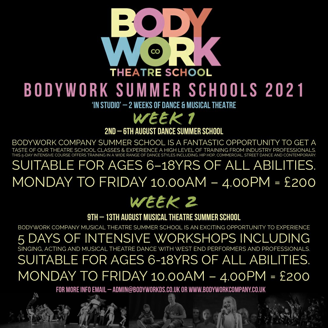 Bodywork Summer School’s is a fantastic opportunity to get a taste of Bodywork Co. Theatre School classes &amp; experience a high level of training from industry professionals. Open to all aged 6–18yrs.
For more information &amp; to book please go to 
bodyworkcompany.co.uk/bodywork-summe…