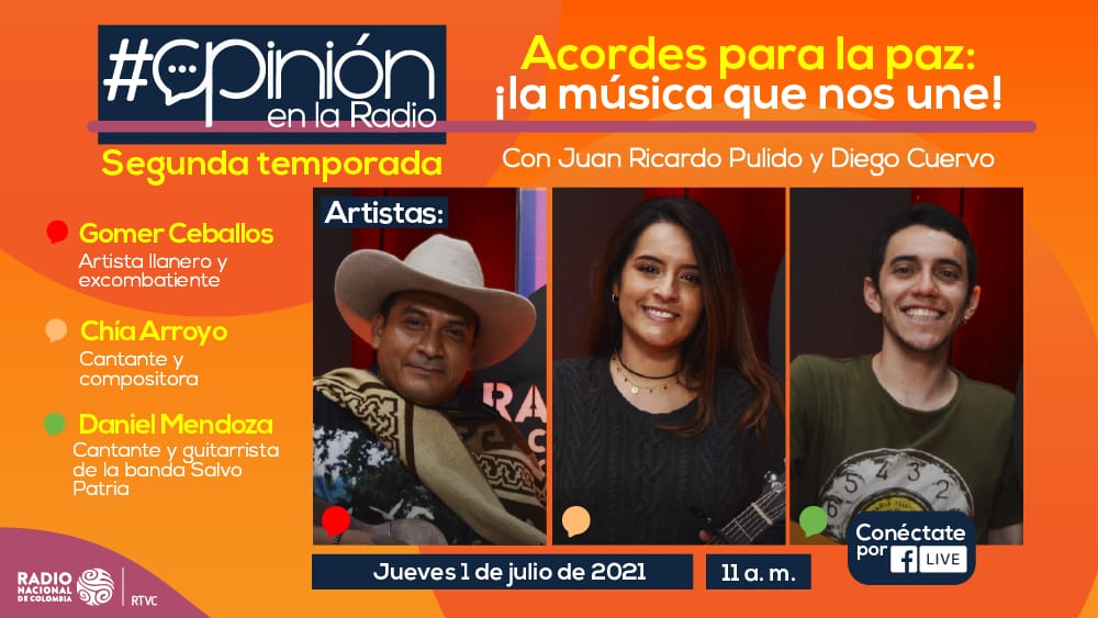 🎶🇨🇴Este jueves en #OpiniónEnLaRadio, los acordes que inspiran reconciliación y la música que nos une, serán los protagonistas. Junto a <a href="/chiaarroyomusic/">Chia Arroyo</a>, <a href="/salvopatriaband/">Salvo Patria</a> y <a href="/artesanandopaz/">Artesanandopaz</a>🎙️ 

¿Qué canción les inspira paz o esperanza? 
📺#FBLive
⏰11 a.m