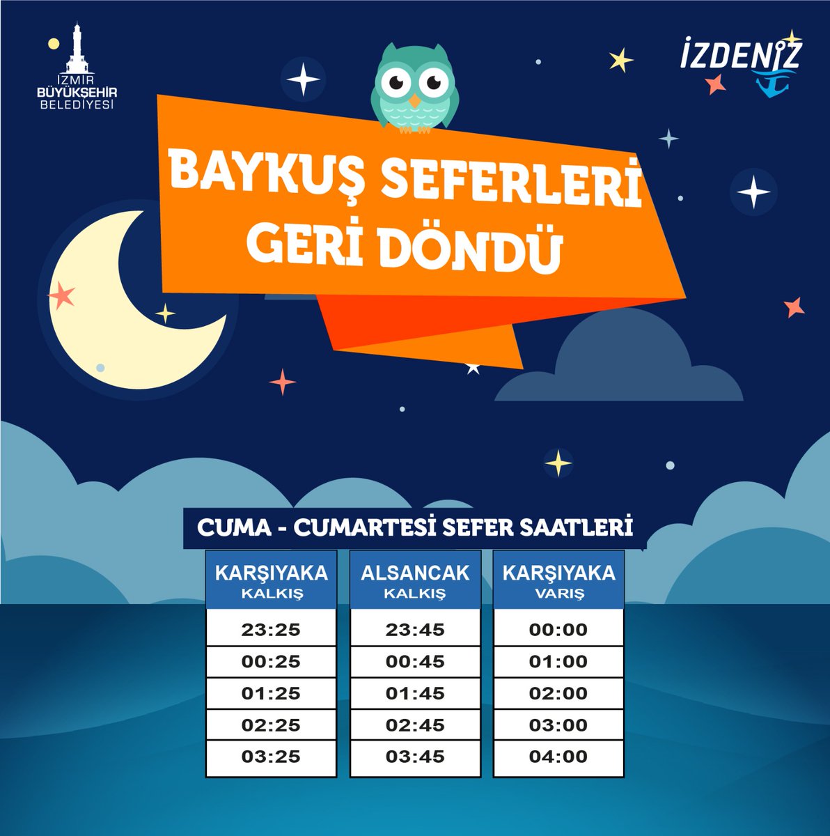 izdenizmir's tweet photo. Baykuş seferlerimiz 2 Temmuz Cuma günü itibariyle başlıyor! Sefer saatlerini tablomuzdan inceleyebilirsiniz.
#izdeniz #baykuş #geceseferleri #baykuşseferleri #izdenizkörfezkeyfiniz https://t.co/65HCDrTfaj