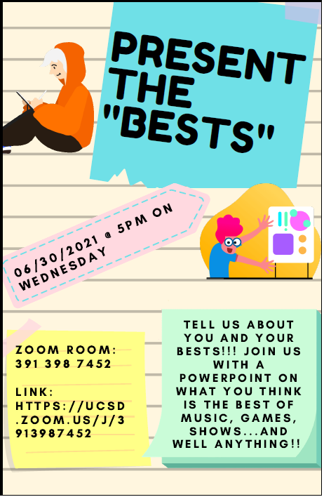 SixthRL's tweet photo. TODAY WED 6/30 AT 5PM our 1st event for the 🌅is "Present the Bests!!!" Join us for a night of presentations on the best of everything from music to food to memes! Make your own "best of presentation" &amp; join our Zoom room! Will you win bragging rights and a title? Link in bio! https://t.co/DcRma2kZFs