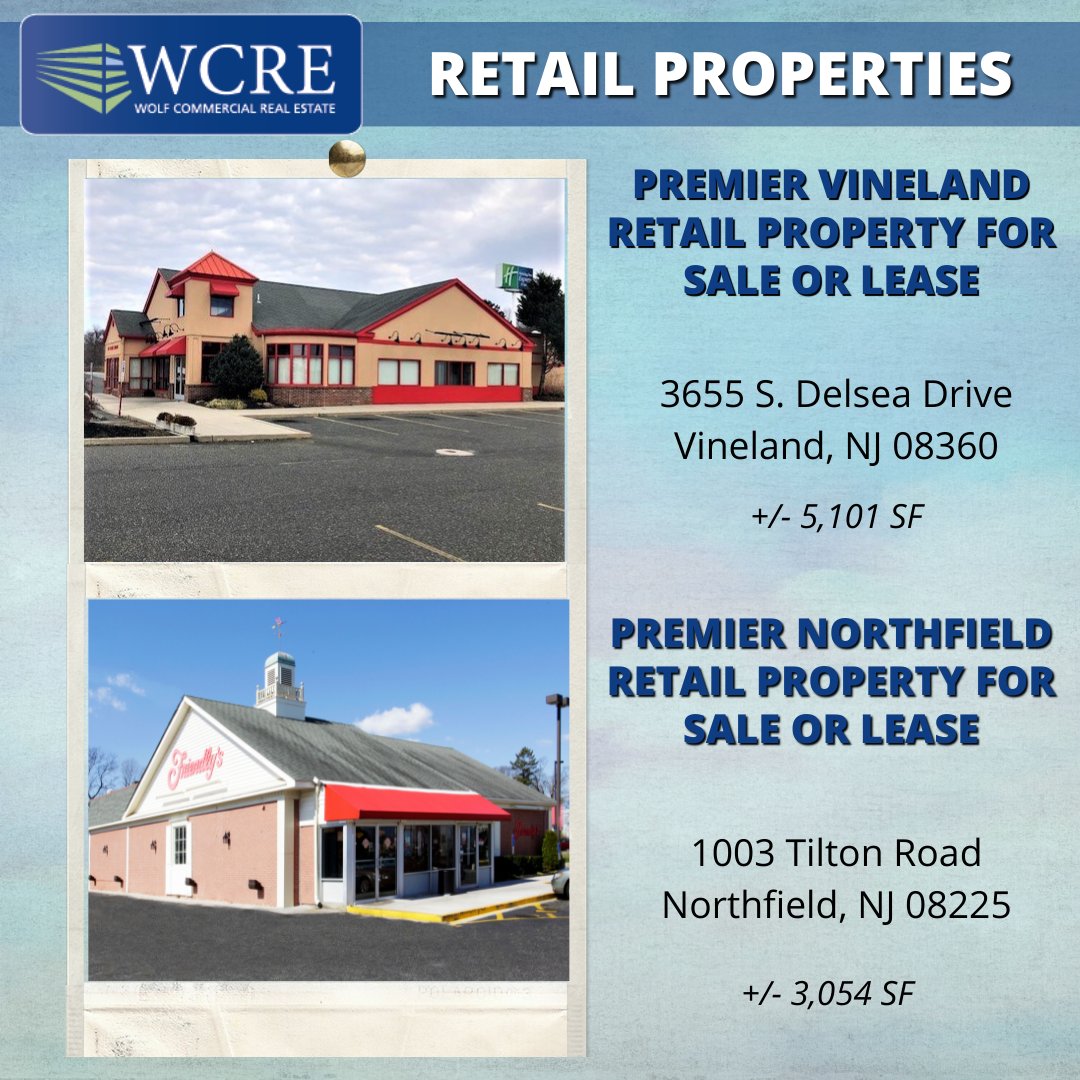 Check out these two premier #RetailProperties for sale or lease!
-Available for immediate occupancy
-Well maintained & landscaped 

3655 S. Delsea Drive: ow.ly/kzr450Fl8Li

1003 Tilton Road: ow.ly/oBbV50Fl8Lk

Contact Jason Wolf or Ryan Barikian for more info!
#CRE