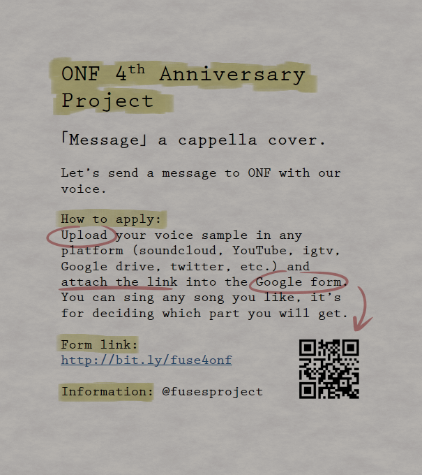 fusesproject's tweet photo. ๐ONF 4th Anniversary Project๐
โผ๏ธ ใMessageใ a cappella cover ๐ค application period: CLOSEDโผ๏ธ
But you can still send messages for ONFโ๐ป
Submission period until: 2021/07/15
https://t.co/DWh34gwhbw
#ONF #์จ์ค์คํ #MessageFromFuse https://t.co/1mPJFpKOuh