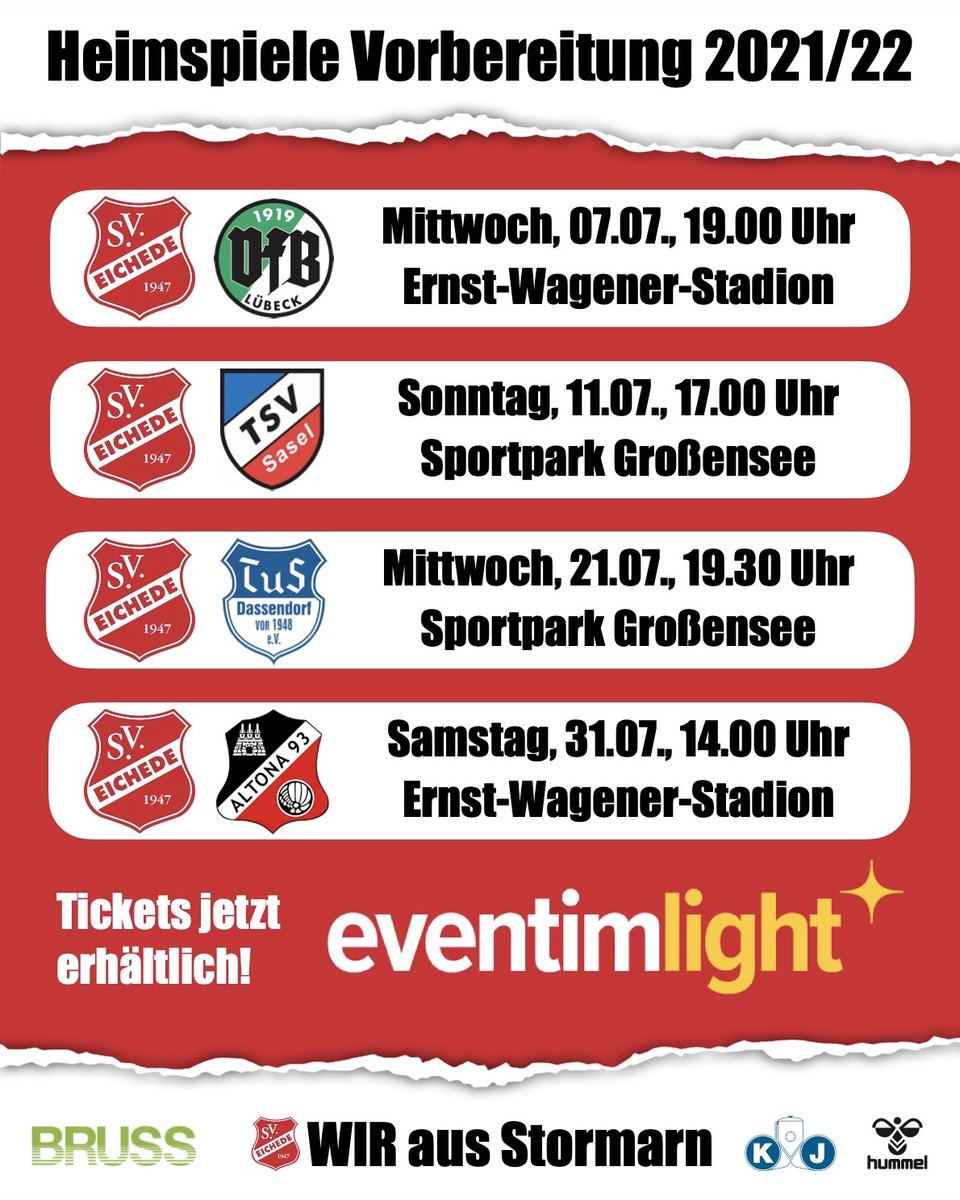 Der Kartenvorverkauf für unsere Heim-Testspiele hat begonnen! Um Warteschlagen zu vermeiden, empfehlen wir, Karten im Voraus über unseren Online-Ticket-Abieter zu erwerben.👇

🎫 Hier geht es zu den Tickets: bit.ly/3h4GxwL
____
#SVEichede #WirAusStormarn