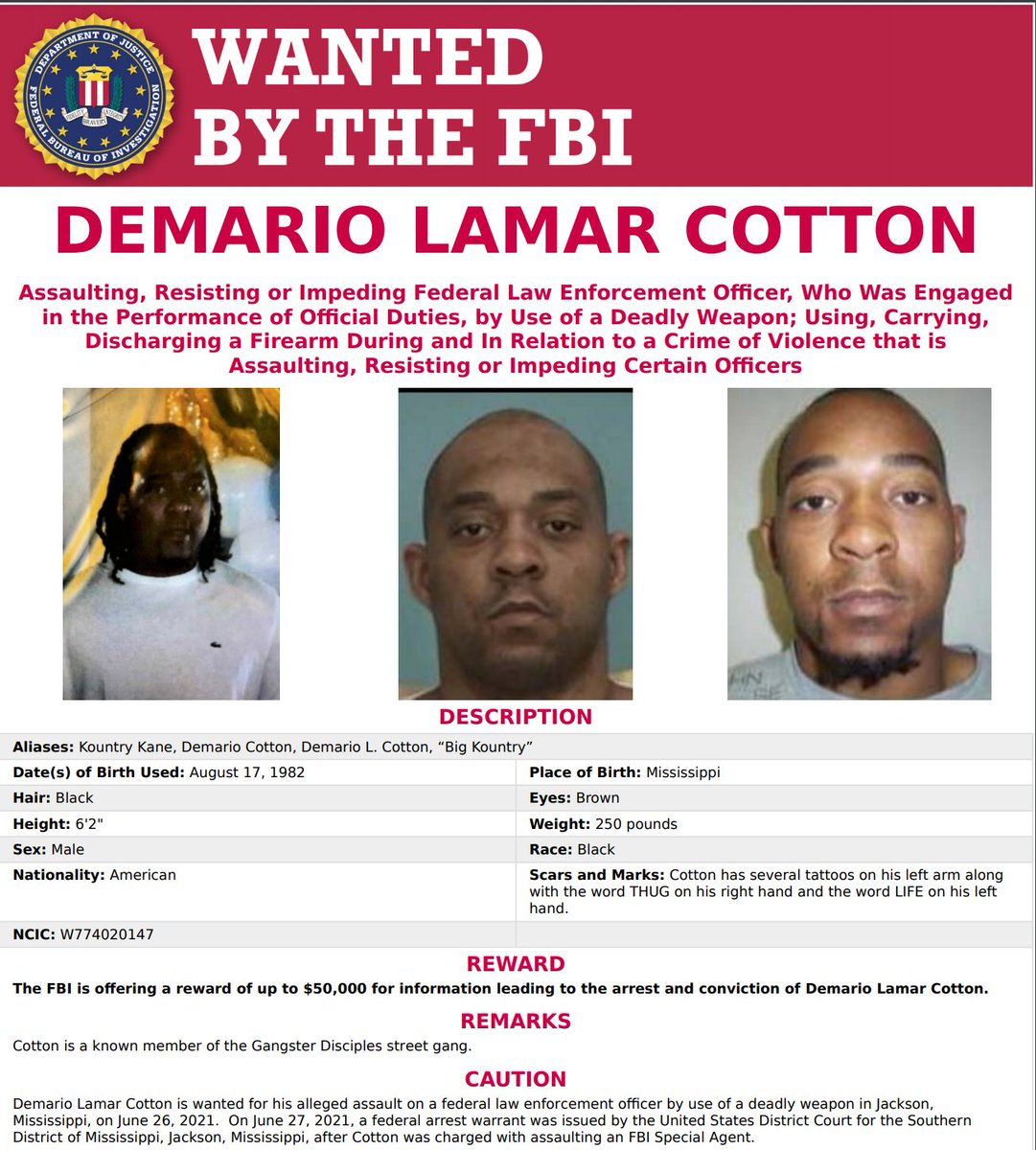 FBI Wanted Poster for Demario Lamar Cotton who shot an FBI Special Agent on June 26th. $50,000 reward being offered for the arrest and conviction of Cotton.