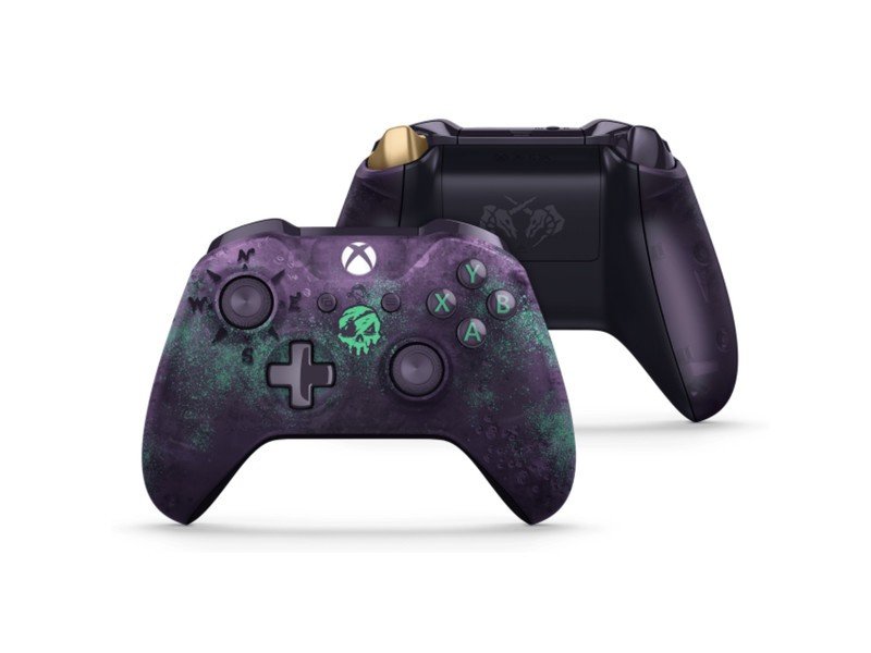 A photo showing the front and back of the Sea Of Thieves Xbox One controller. On the front it has a speckled purple and green paint job with a green pirate skull in the center. The left thumbstick has compass symbols of North, South, East and West around it. The ABXY buttons are purple with green letters in the center. On the back is a dark purple and a logo of two skulls facing each other with swords crossed above them on the battery cover and a gold right trigger button.