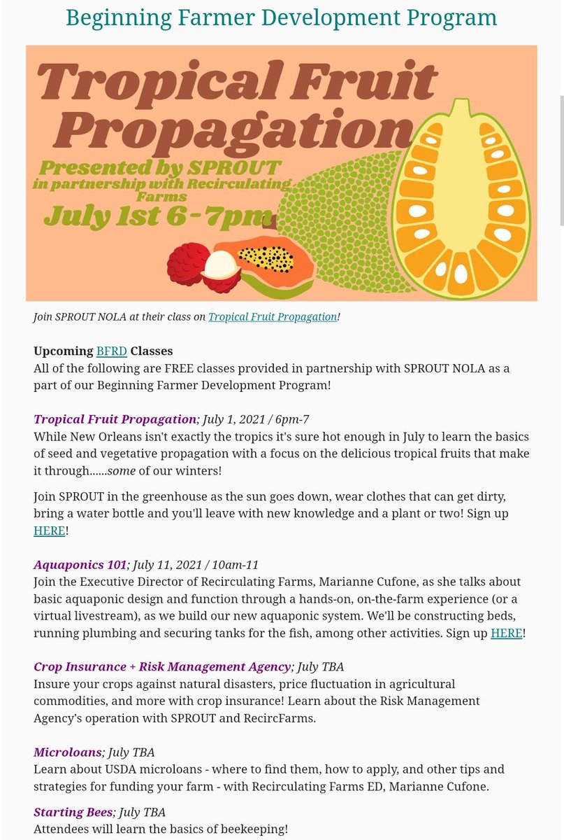 TOMORROW kicks off our FREE Beginning Farmer Training classes with Tropical Fruit Propogation! Learn more and sign up on the FB event page and to get our newsletters, sign up on our website, Recirculatingfarms.org 

facebook.com/events/new-orl…