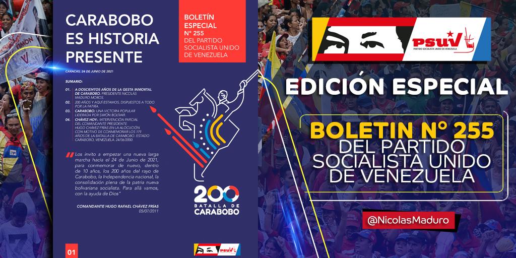 ¡Carabobo Presente! La gesta que marcó un antes y un después en la historia de Venezuela. No dejes de leer la edición N° 255 del boletín <a href="/PartidoPSUV/">PSUV</a>. ¡Lee, comparte y difunde! ==&gt; bit.ly/3w0aXo9
