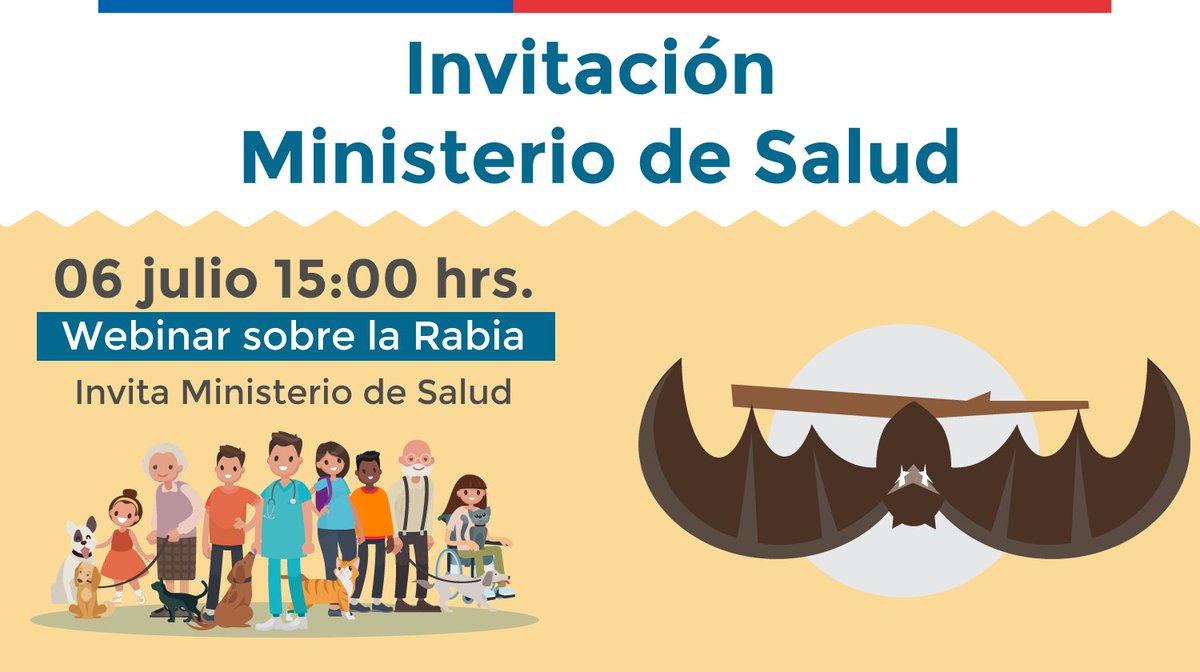 ministeriosalud's tweet photo. Te invitamos al webinar “Aportes de la atención clínica de animales menores a la vigilancia de Rabia en Chile”, organizado por el Ministerio de Salud, que se realizará el próximo 6 de julio a las 15:00 horas, en el siguiente link: https://t.co/xofpeEeIAu 
-Código acceso: 881808 https://t.co/W5tMk8ODNl