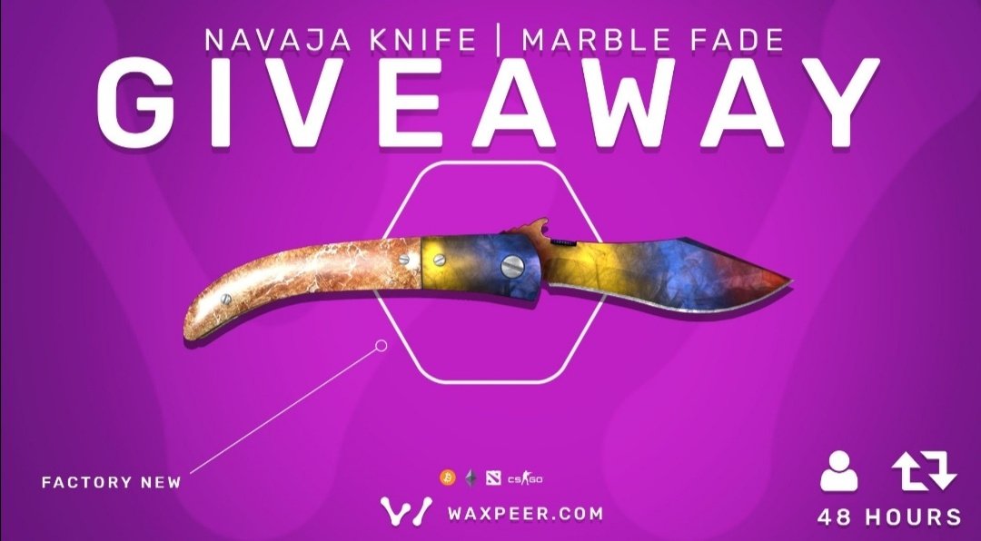 CSGOhistories's tweet photo. Navaja Knife Marble Fade FT GIVEAWAY 💥

- RT &amp; Like 💙
- Follow me &amp; @Waxpeer
- Join their Discord: https://t.co/RRiKlJ1Ruj

Winner will be announced in 7 days https://t.co/Hr6k0BfMrs