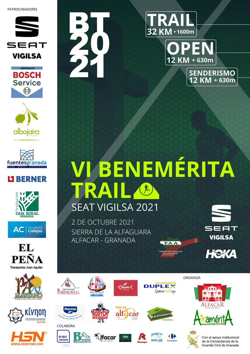 Mañana 1 de Julio a las 10:00 horas

APERTURA DE INSCRIPCIONES

En: acr-eventos.es/14-vi-benemeri…

Más información en: benemeritatrail.es

"NO TE QUEDES SIN TU CARRERA"
Benemerita Trail SEAT Vigilsa Granada 2021
#trail #montaña #Alfacar #granada #Alfaguara
