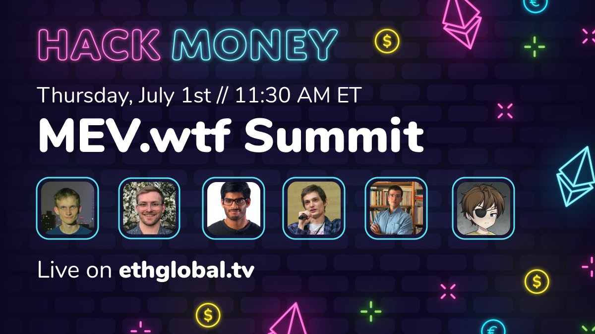 ETHGlobal's tweet photo. We're excited to announce the lineup for the https://t.co/e1voNoey9K Summit kicking off tomorrow as part of #HackMoney2021!

Join us at 11:30AM ET for an afternoon of panel discussions all focused on the topic of MEV.

Register now: https://t.co/hM3EWPbaKD

Thread 

👇 https://t.co/NOpgD170dl