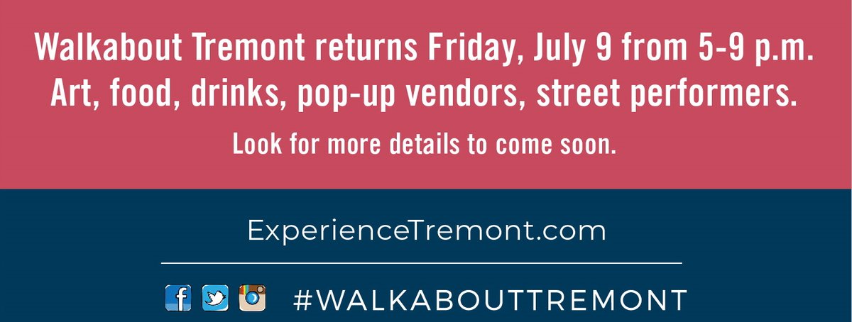 Walkabout Tremont is back! The first Walkabout since March 2020 returns July 9 with plenty of art, food, drinks, pop-up vendors, boutique shopping and street performers. Can't wait to see everyone again. experiencetremont.com/featured-event… #walkabouttremont #artwalk