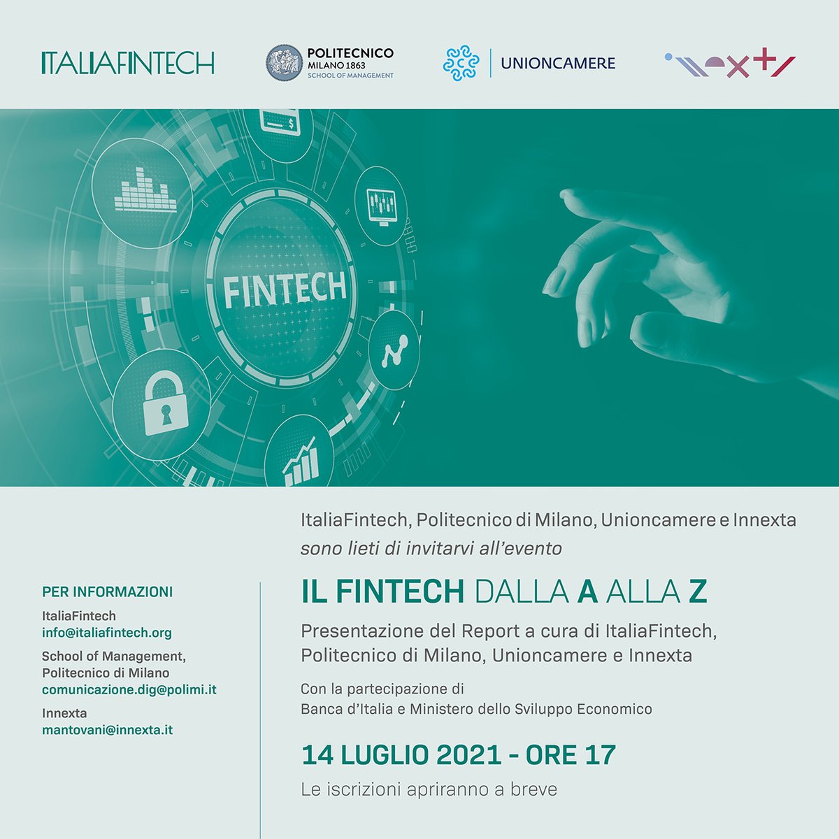Mercoledì 14 luglio non perderti l'evento "Il Fintech dalla A alla Z" organizzato da <a href="/italia_fintech/">ItaliaFintech</a>, <a href="/polimi/">Politecnico di Milano</a>, Unioncamere - Unione italiana delle Camere di commercio, industria, artigianato e agricoltura e Innexta. Noi di #PayDo ci saremo. E tu?
#fintech #education