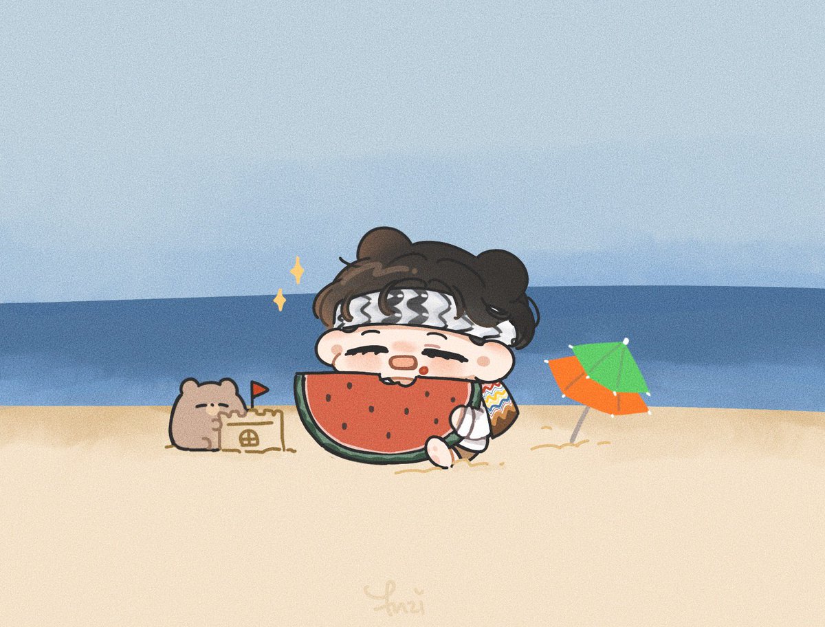 watermelon fruit food beach headband 1girl solo  illustration images