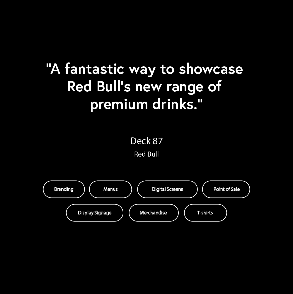 thisisfyi's tweet photo. As restrictions are easing, we’re so excited to see what our friends in hospitality are hosting! 🥳
—
Deck 87, is up there with some of our favourite activation events. We supported @RedBullUK with various aspects from branding to merch to digital screens and it looked awesome! https://t.co/4FGuZ1VmfV