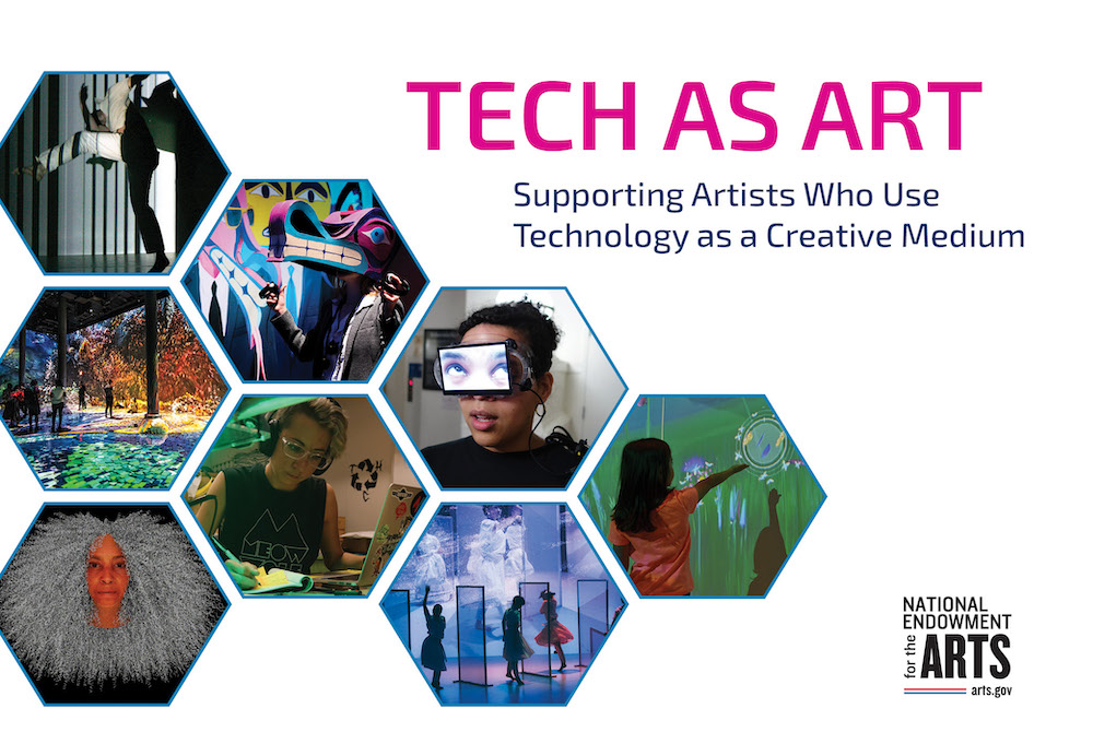 cover of Tech as Art report with several photos of art tech projects framed in a honeycomb structure and the text Tech As Art Supporitng Artists Who Use Technology as a Creative Medium