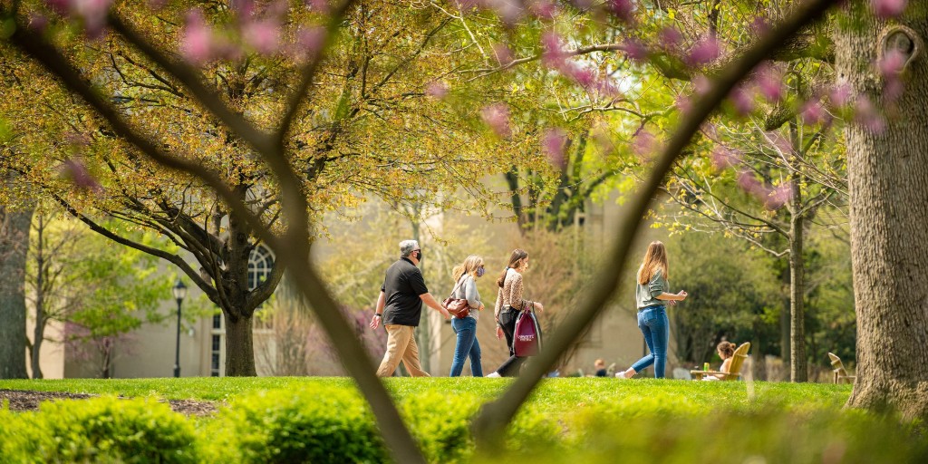 Some branches and bright pink flowers are blurred slightly in the foreground as the camera focuses on a tour guide leading a family across campus.  The grass is bright green and other bushes and trees spring up around them with a tan stone building in the background.